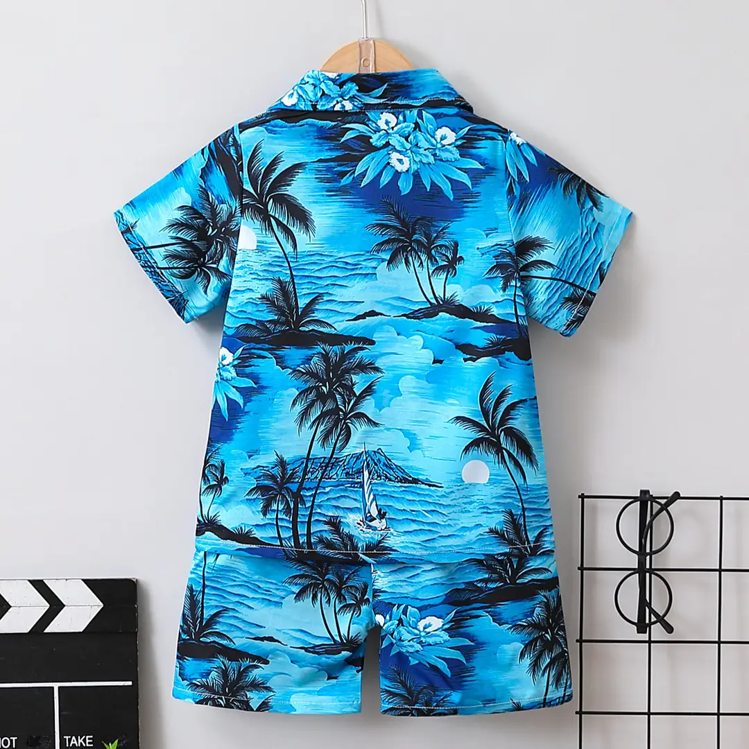 Kids Tropical Print Cardigan Shorts Set Blue
