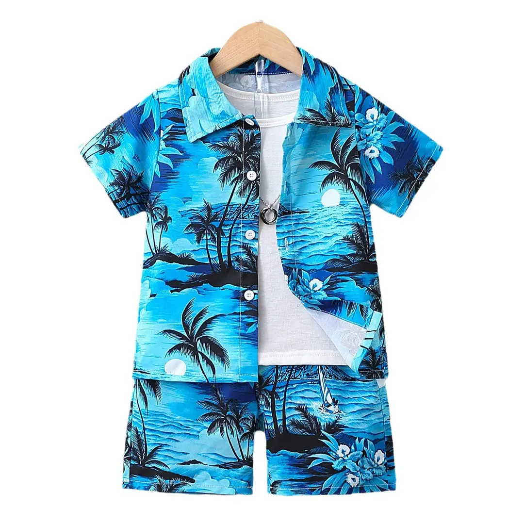 Kids Tropical Print Cardigan Shorts Set Blue