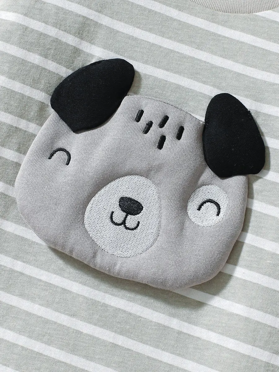 Kids Long Sleeve Striped Suit with Embroidered Dog Face