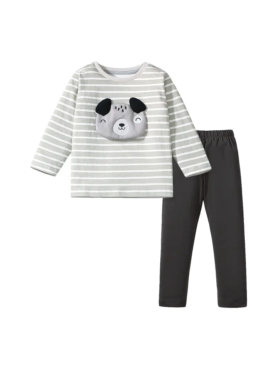 Kids Long Sleeve Striped Suit with Embroidered Dog Face
