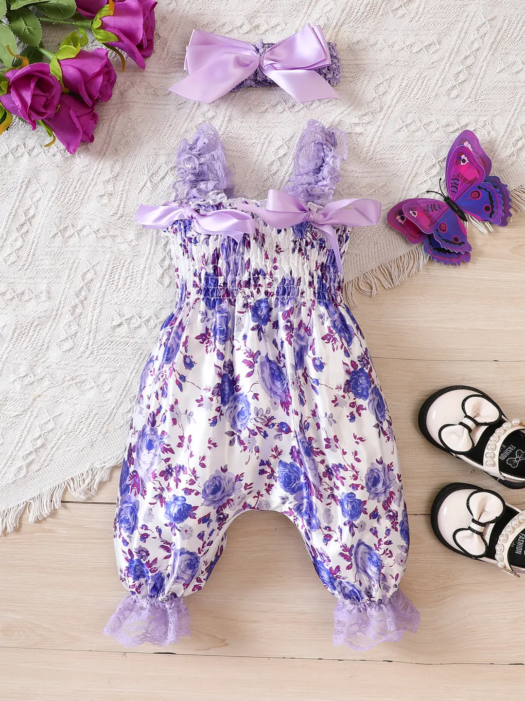 Blue Floral Suspenders Kids Jumpsuit for Girls 3-10Y