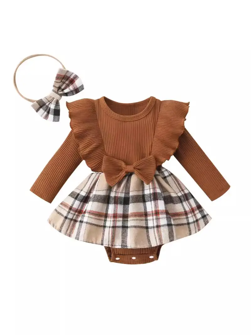 Newborn Crawling Suit Brown Plaid Headband Set