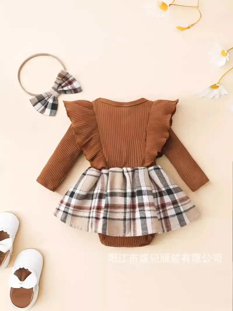 Newborn Crawling Suit Brown Plaid Headband Set
