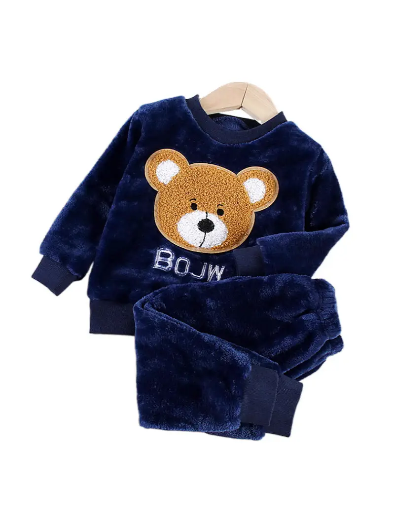 Navy Blue Bear Embroidered Pajama Set for Boys Girls