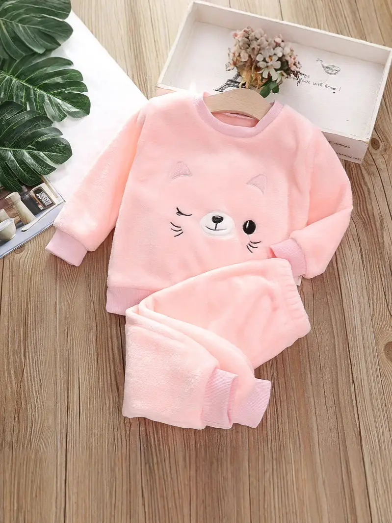 Navy Blue Bear Embroidered Pajama Set for Kids 2-6