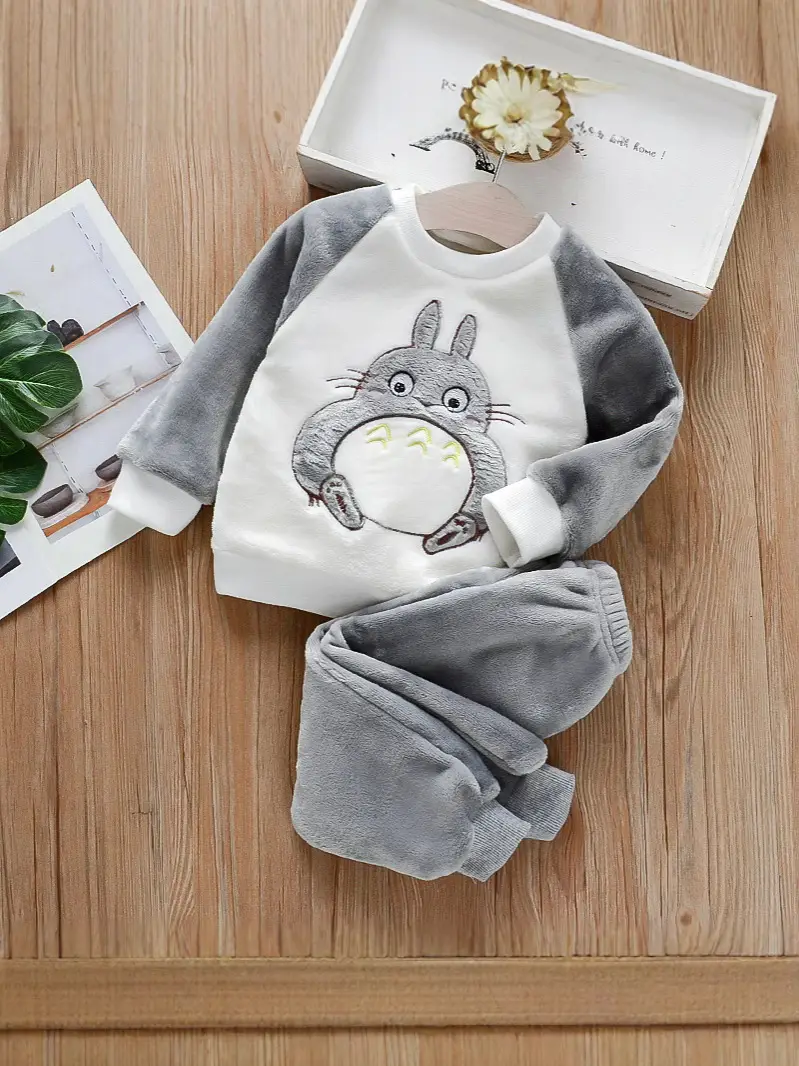 Navy Blue Bear Embroidered Flannel Pajama Set for Kids