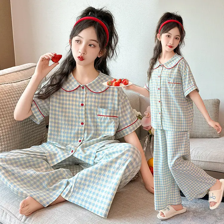 Long Sleeve Checkered Pajamas for Girls Warm Sleepwear