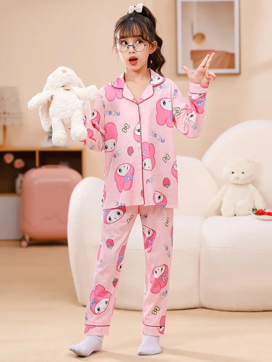 Kids Cotton Pajamas with Cartoon Print Long Sleeve