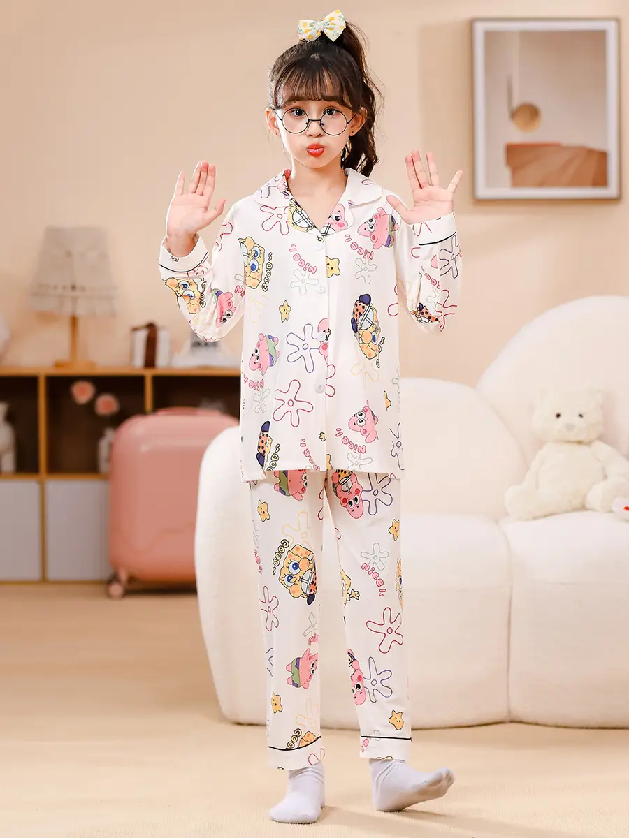 Kids Cotton Pajamas with Cartoon Print Long Sleeve