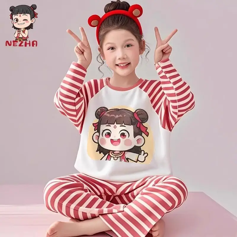 Nezha Cartoon Pajamas for Girls Blue Striped Warm Comfort
