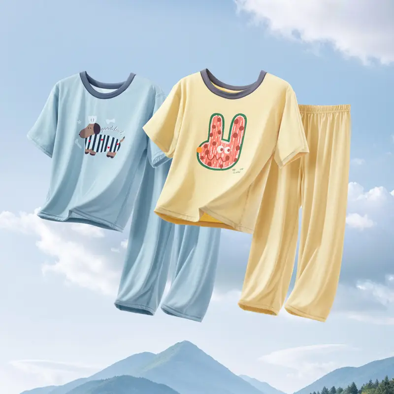 Kids Pajama Set Light Blue & Yellow Cartoon Print 3-10Y