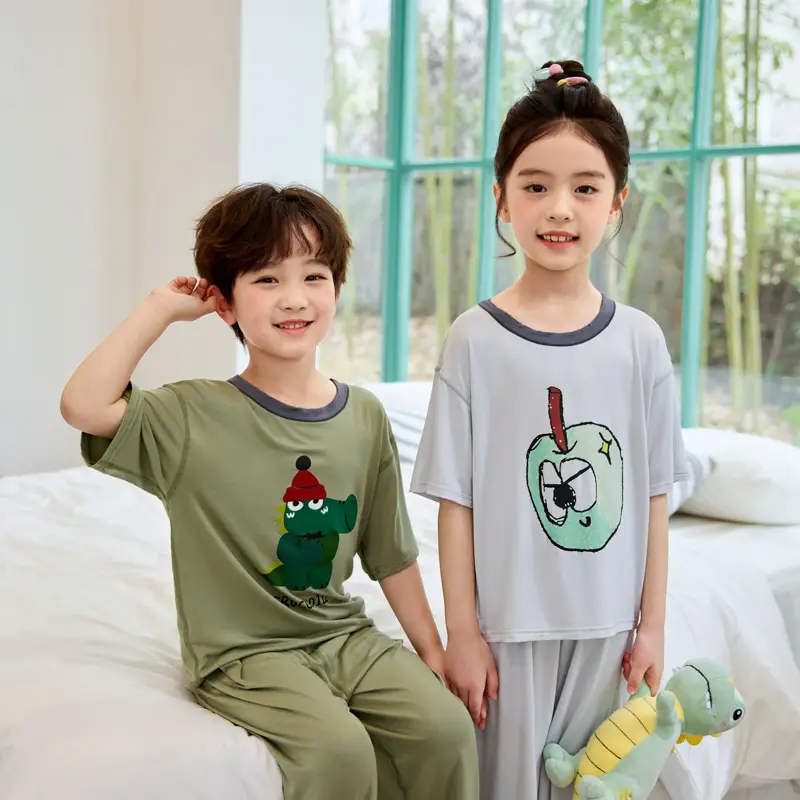 Kids Pajama Set Light Blue & Yellow Cartoon Print 3-10Y