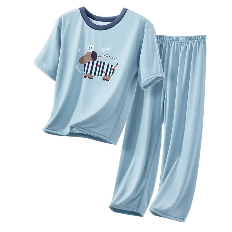 Kids Pajama Set Light Blue & Yellow Cartoon Print 3-10Y