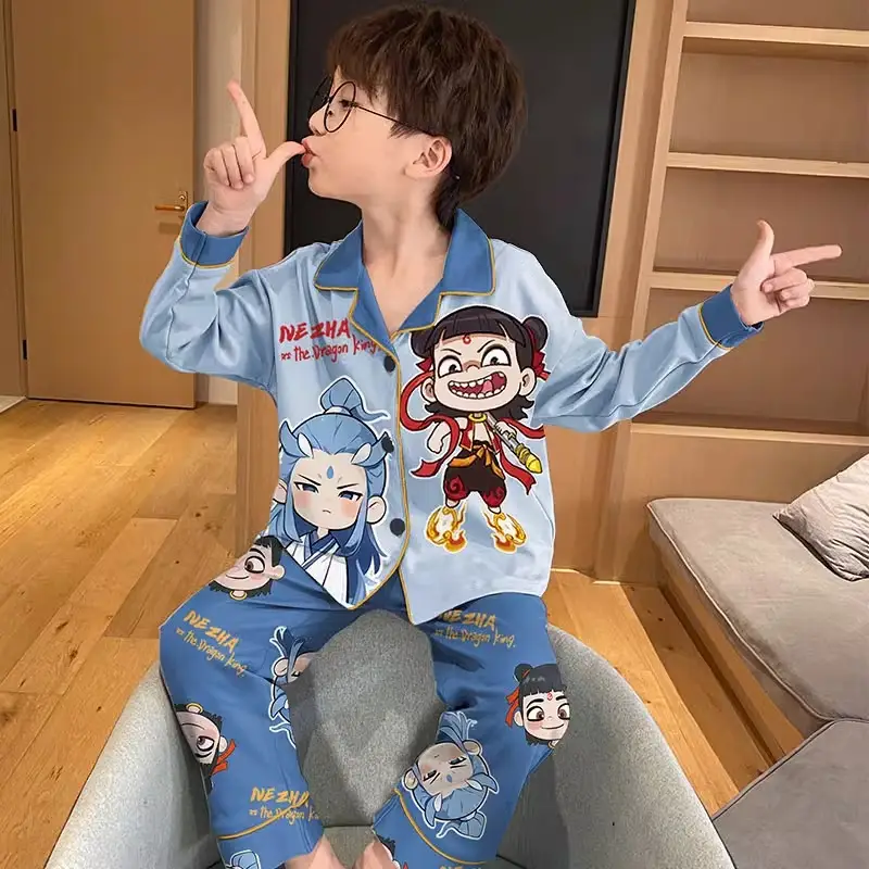 Nezha Cartoon Pajamas for Kids Blue Soft Sleepwear