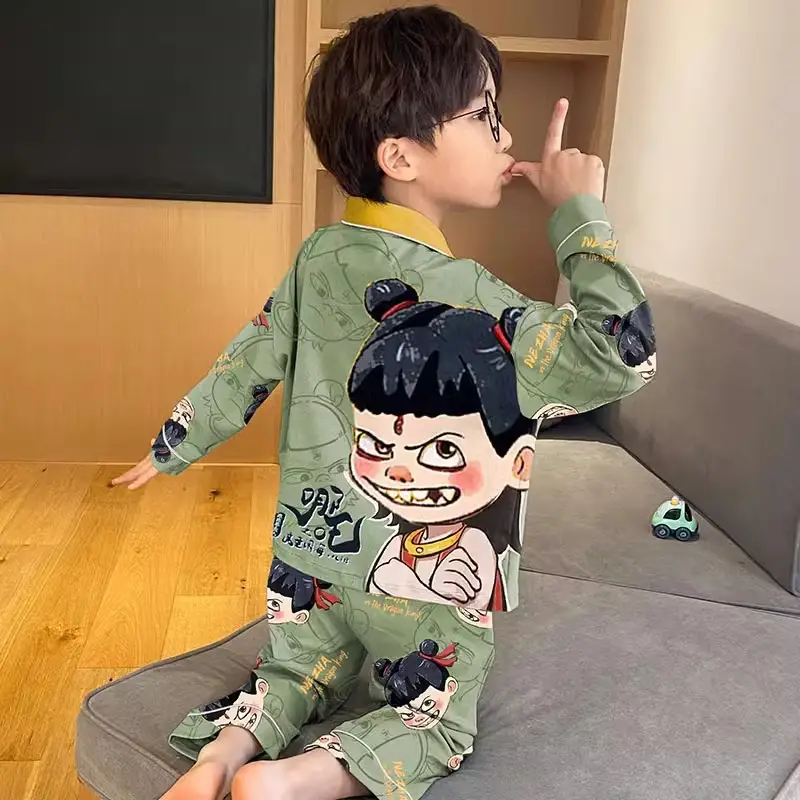 Nezha Cartoon Pajamas for Kids Blue Soft Sleepwear