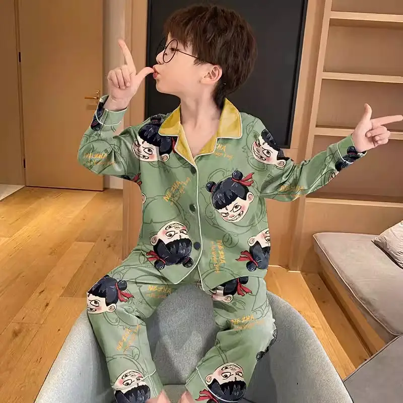 Nezha Cartoon Pajamas for Kids Blue Soft Sleepwear