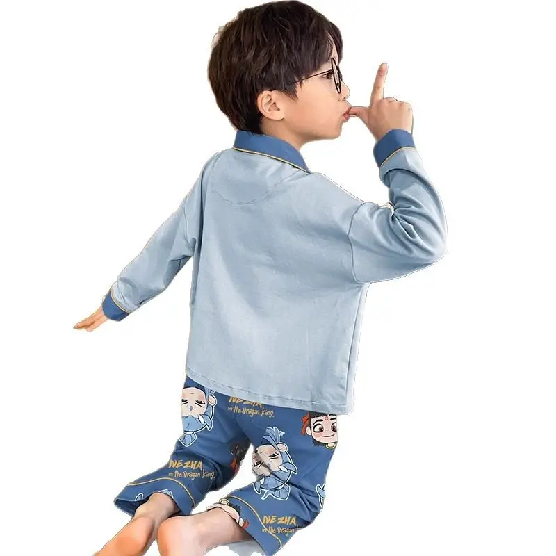 Nezha Cartoon Pajamas for Kids Blue Soft Sleepwear
