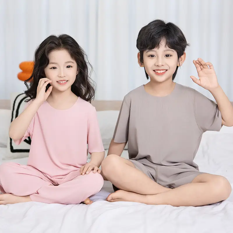 Kids Ice Silk Pajamas Summer Set Pink Grey