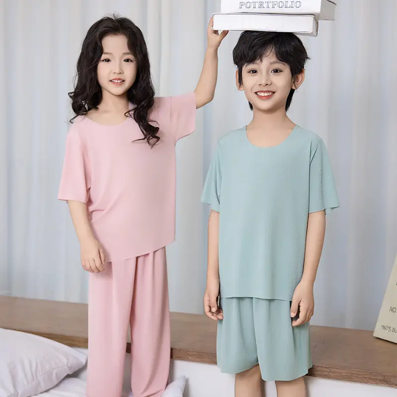 Kids Ice Silk Pajamas Summer Set Pink Grey