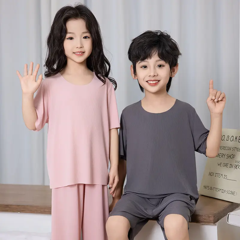 Kids Ice Silk Pajamas Summer Set Pink Grey
