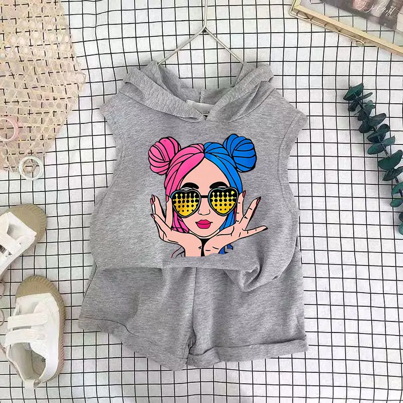 Kids Korean Print Hoodie Shorts Set White Grey Summer