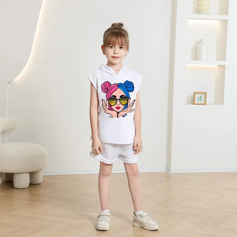 Kids Korean Print Hoodie Shorts Set White Grey Summer