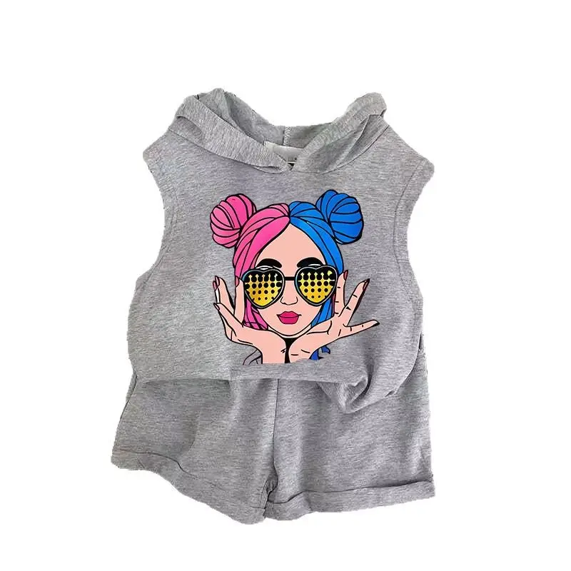 Kids Korean Print Hoodie Shorts Set White Grey Summer