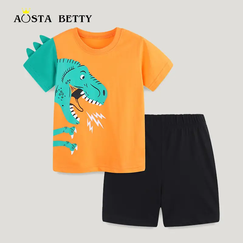 Boys Dinosaur T-Shirt Orange Black Shorts Set