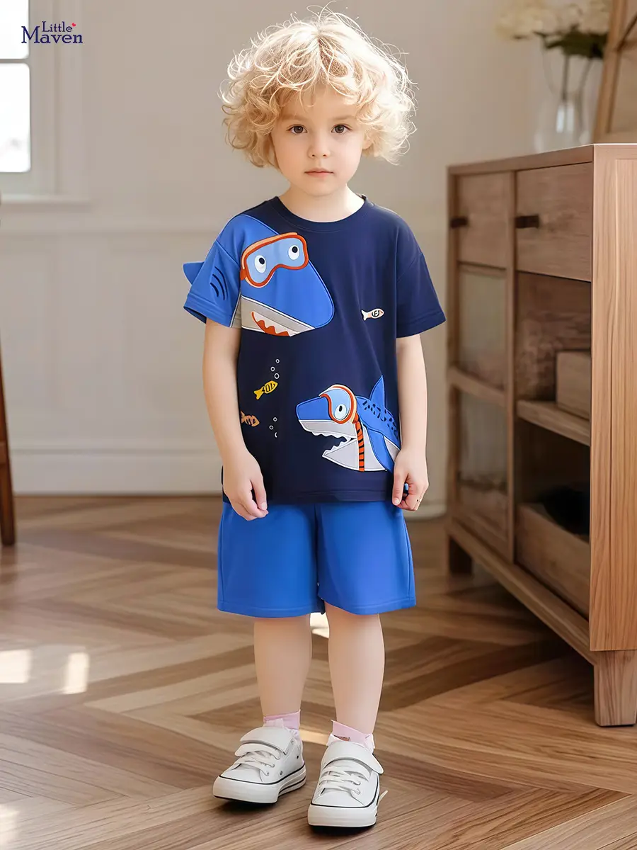 Kids Shark Print Blue Shorts Suit for Boys