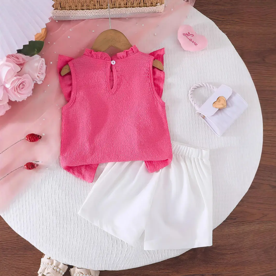 Pink Butterfly Print Girls Summer Outfit Set