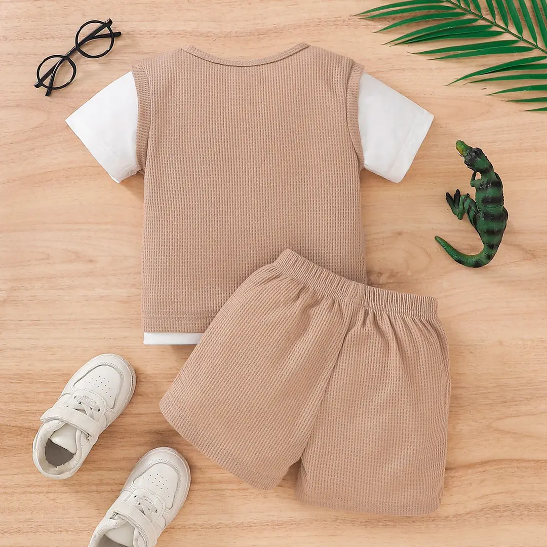 Kids Dinosaur Vest Suit Khaki Waffle Summer Wear