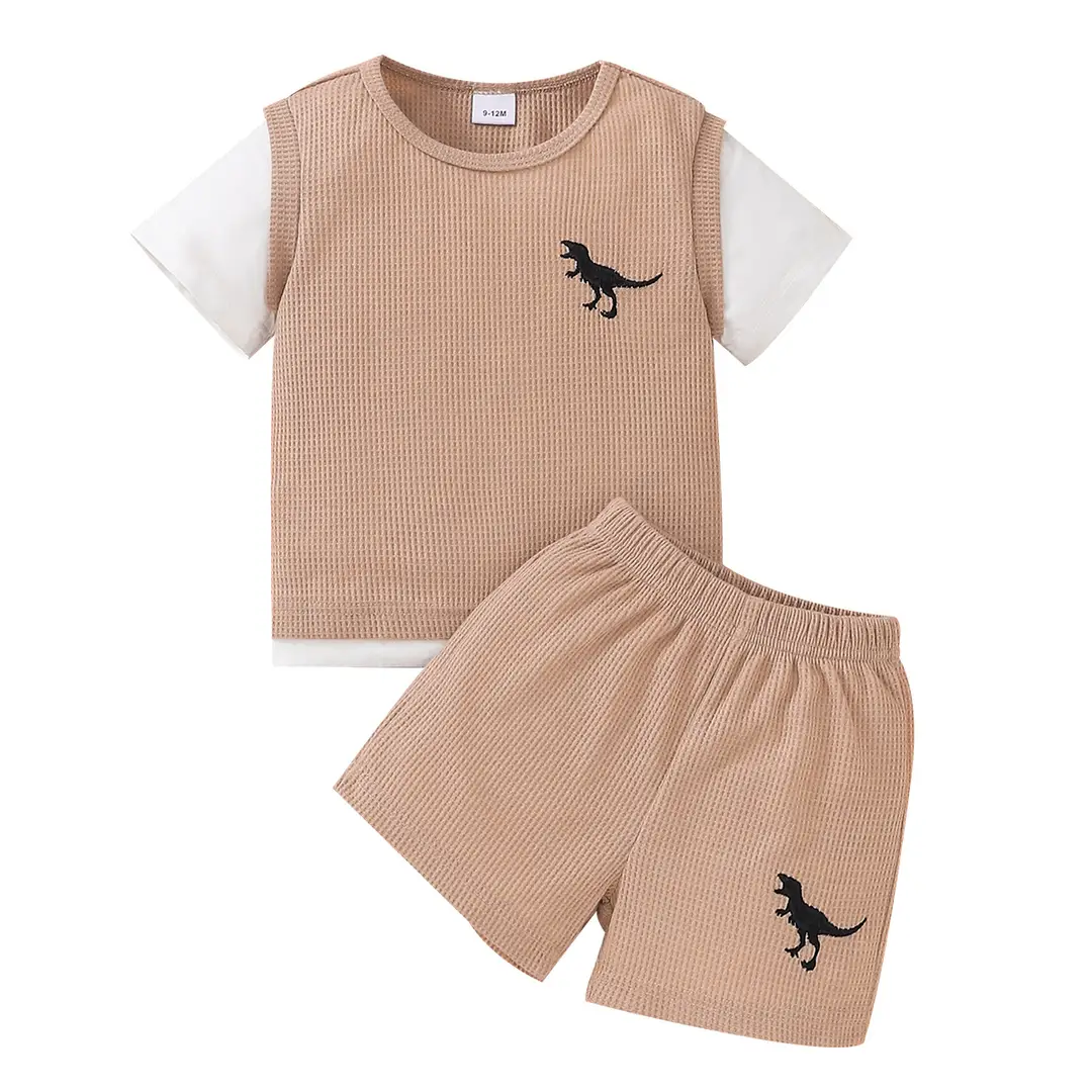 Kids Dinosaur Vest Suit Khaki Waffle Summer Wear