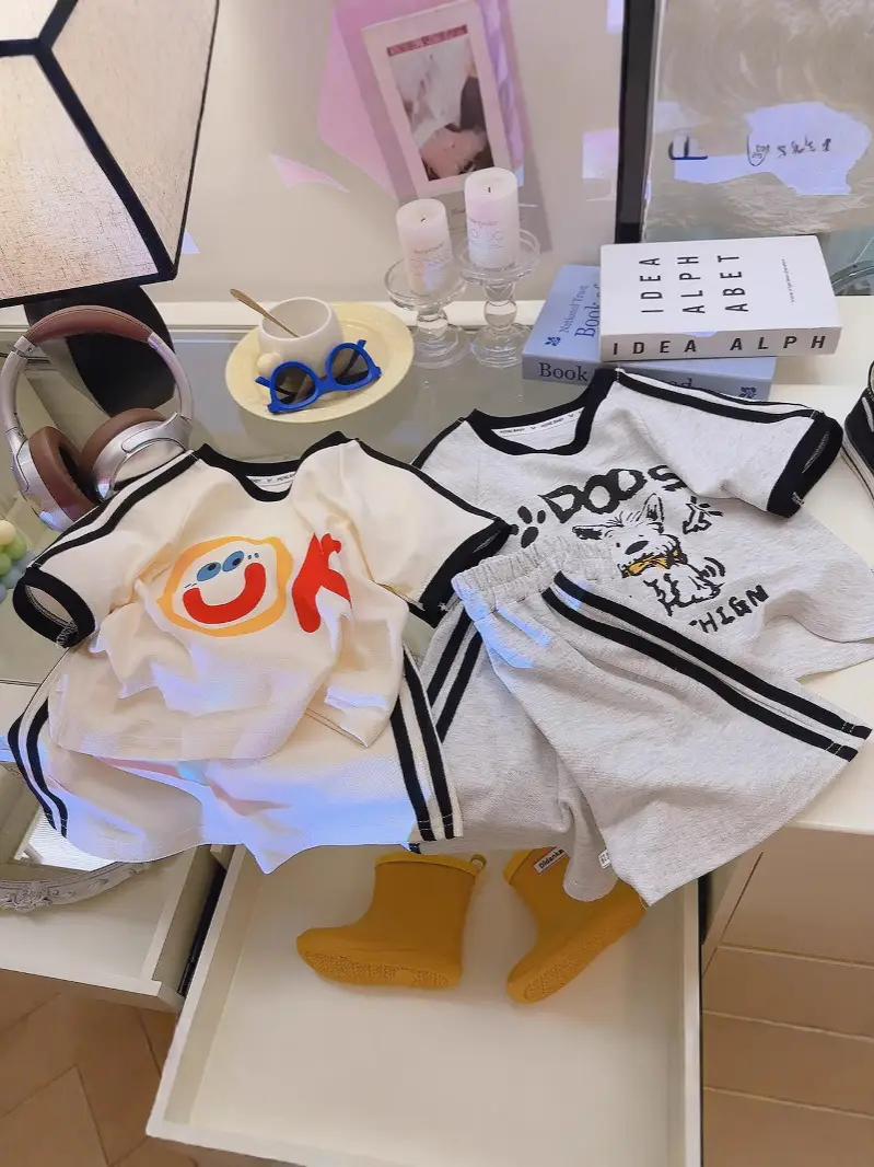 Kids Summer T-Shirt Set Off White Korean Print 160cm
