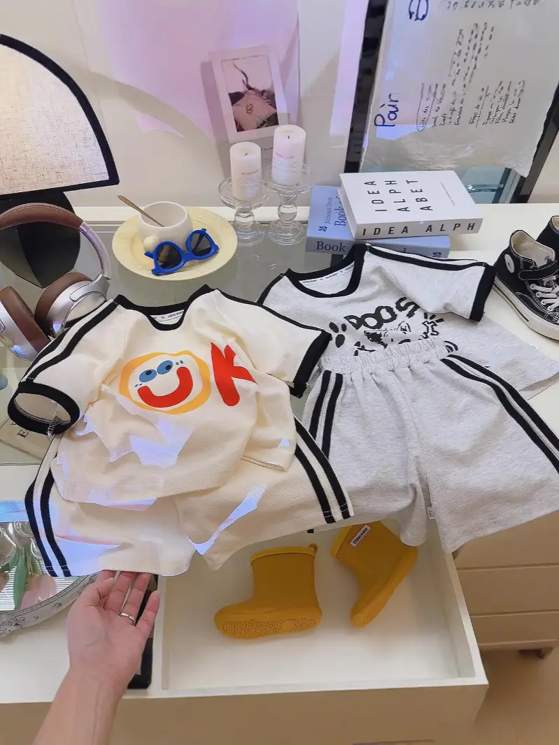 Kids Summer T-Shirt Set Off White Korean Print 160cm