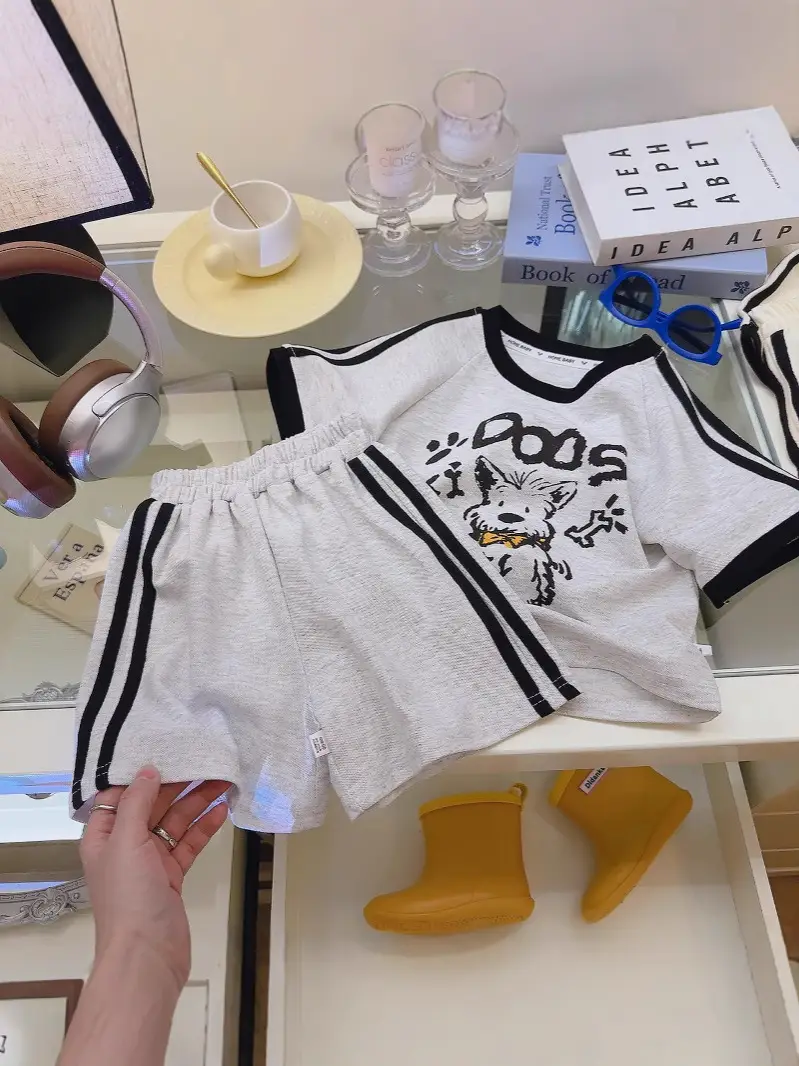 Kids Summer T-Shirt Set Off White Korean Print 160cm