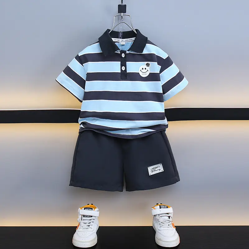 Kids Striped Polo Shorts Set Navy Yellow