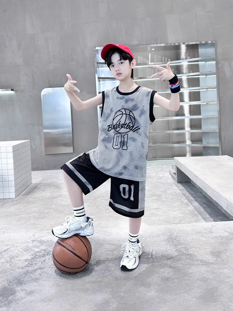 Kids Basketball Vest & Shorts Set Blue 01 Graphic