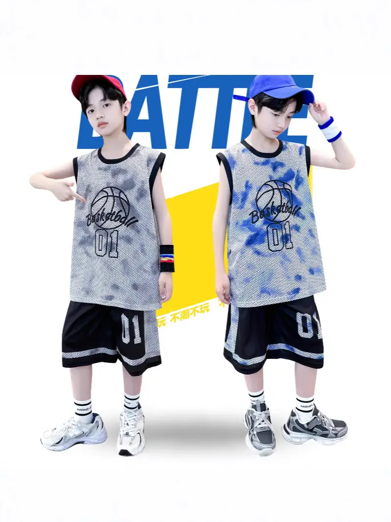 Kids Basketball Vest & Shorts Set Blue 01 Graphic