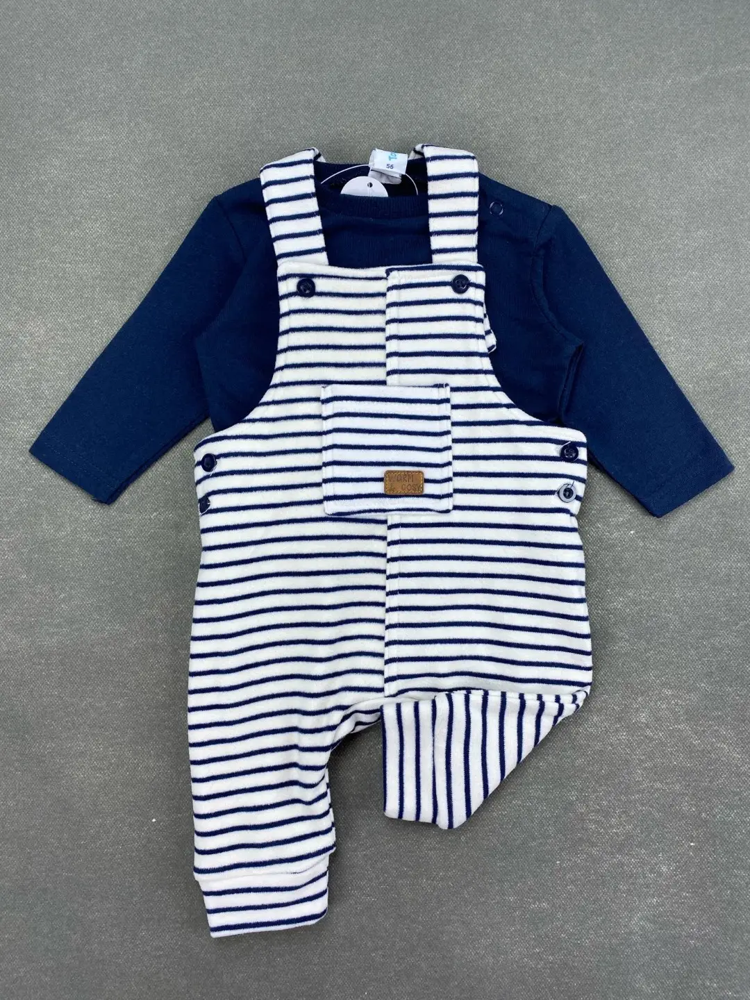 Navy Striped Baby Overalls Set with Front Pocket