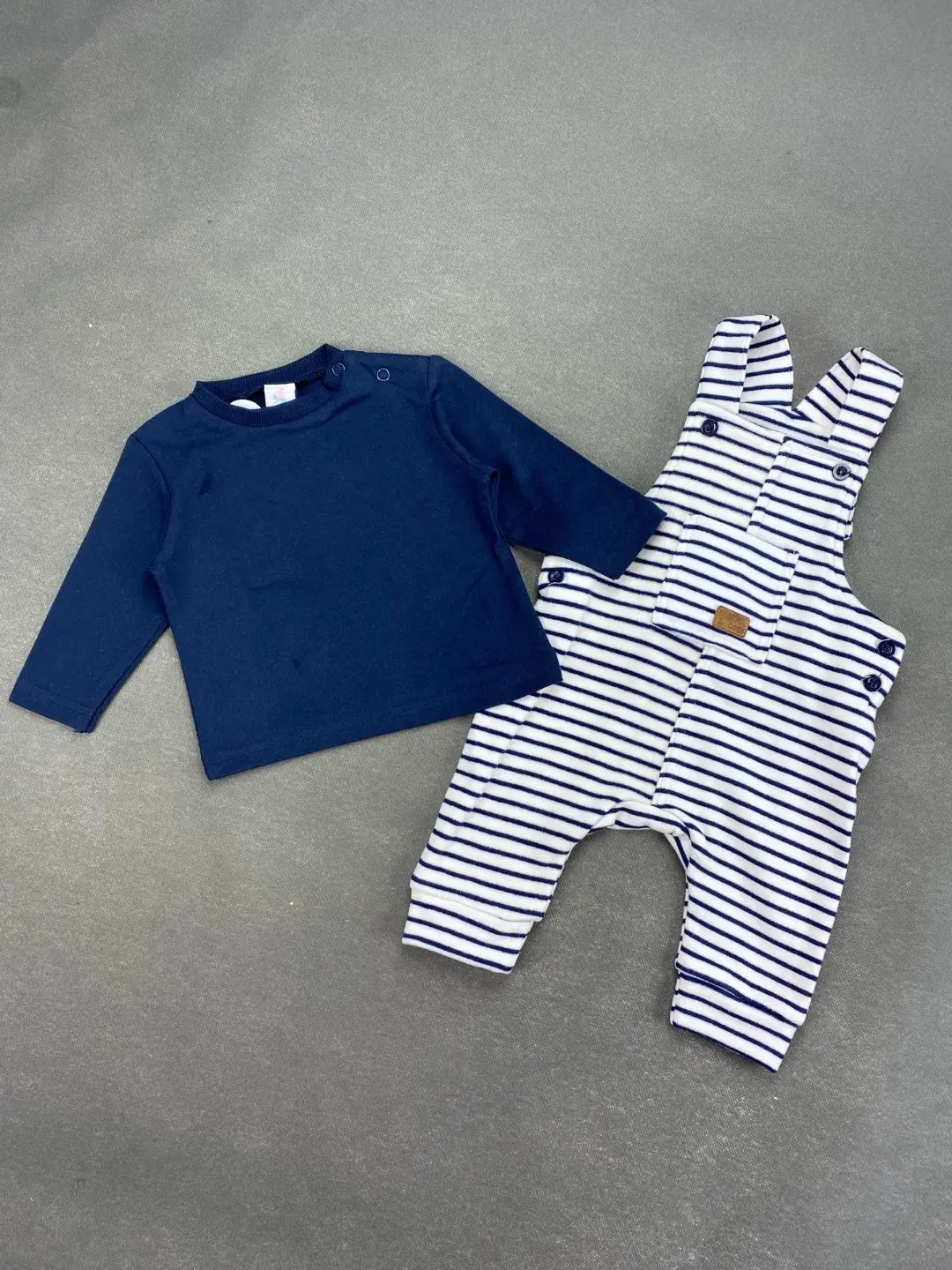 Navy Striped Baby Overalls Set with Front Pocket