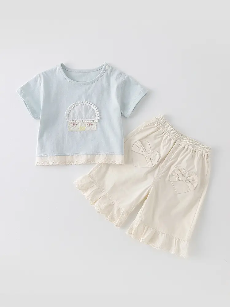 Girls Cotton Summer Suit White Pink Blue Bow Embroidery