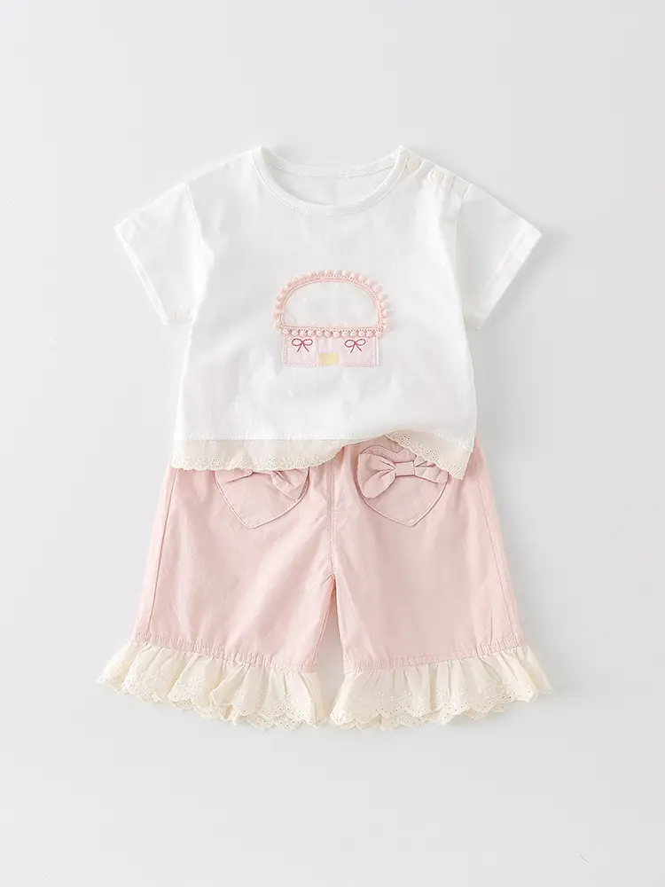 Girls Cotton Summer Suit White Pink Blue Bow Embroidery