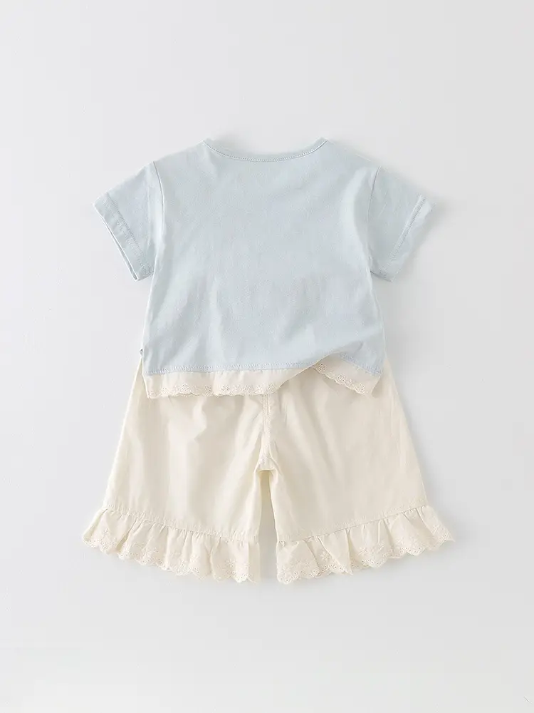 Girls Cotton Summer Suit White Pink Blue Bow Embroidery