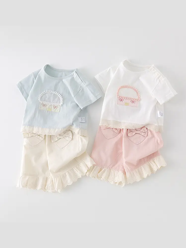 Girls Cotton Summer Suit White Pink Blue Bow Embroidery