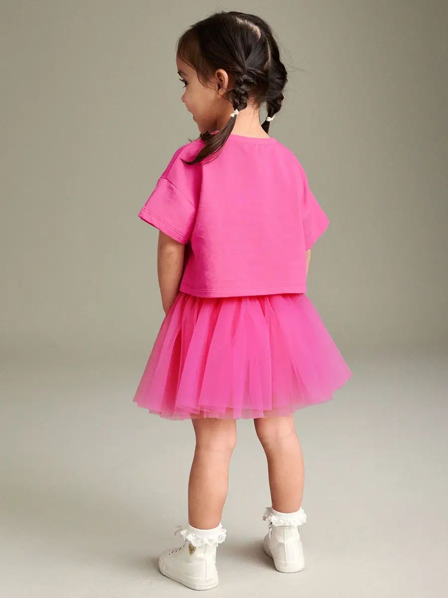 Pink Ballet Print Tulle Skirt Set for Girls