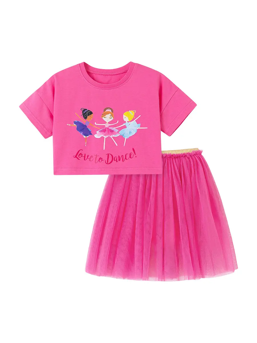 Pink Ballet Print Tulle Skirt Set for Girls