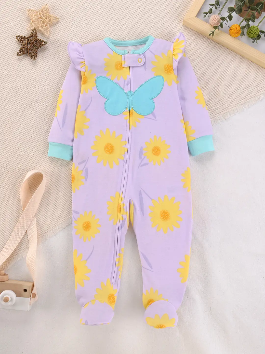 Soft Cotton Newborn Jumpsuit Sunflower Bird Owl Design