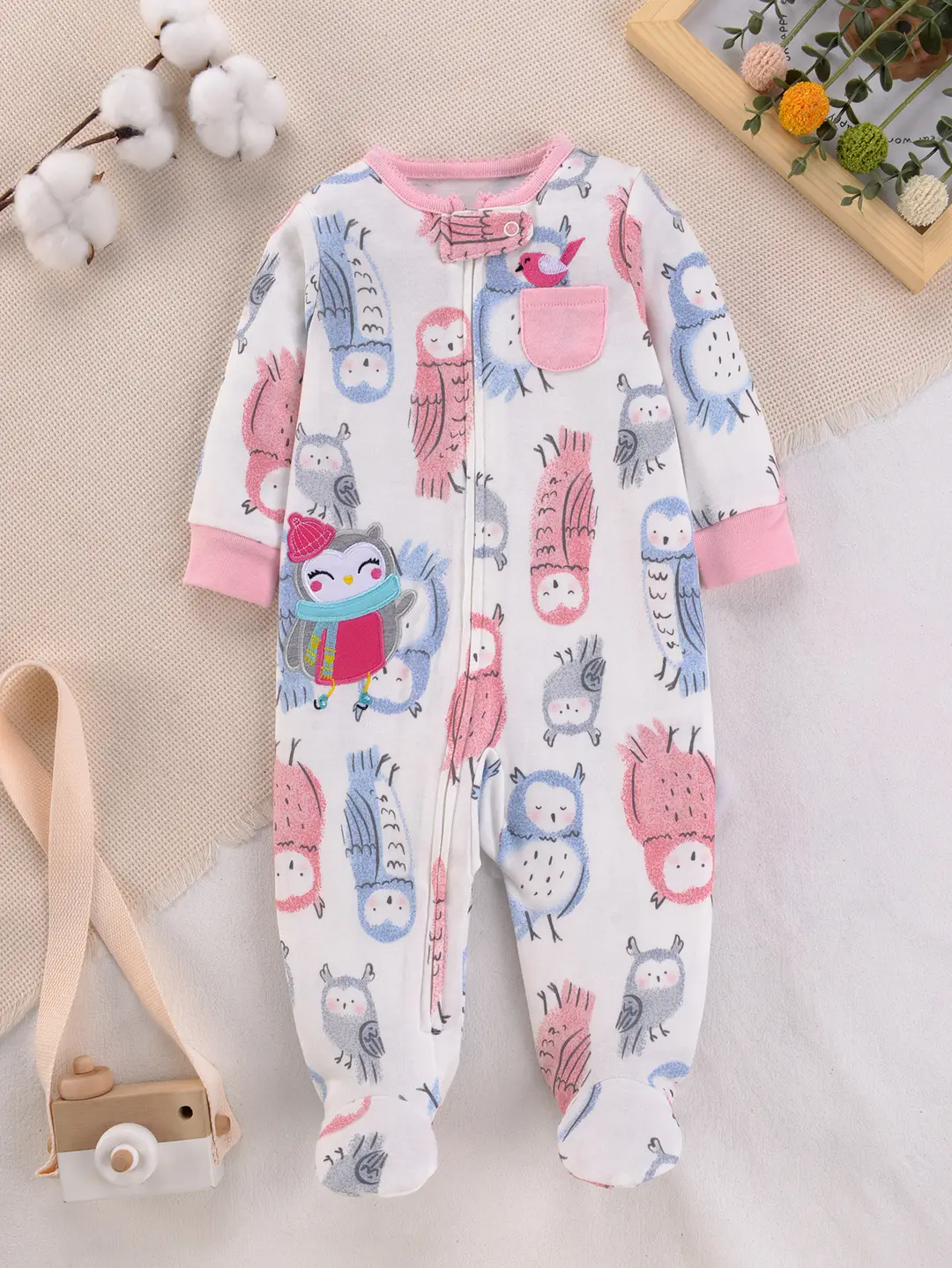 Soft Cotton Newborn Jumpsuit Sunflower Bird Owl Design