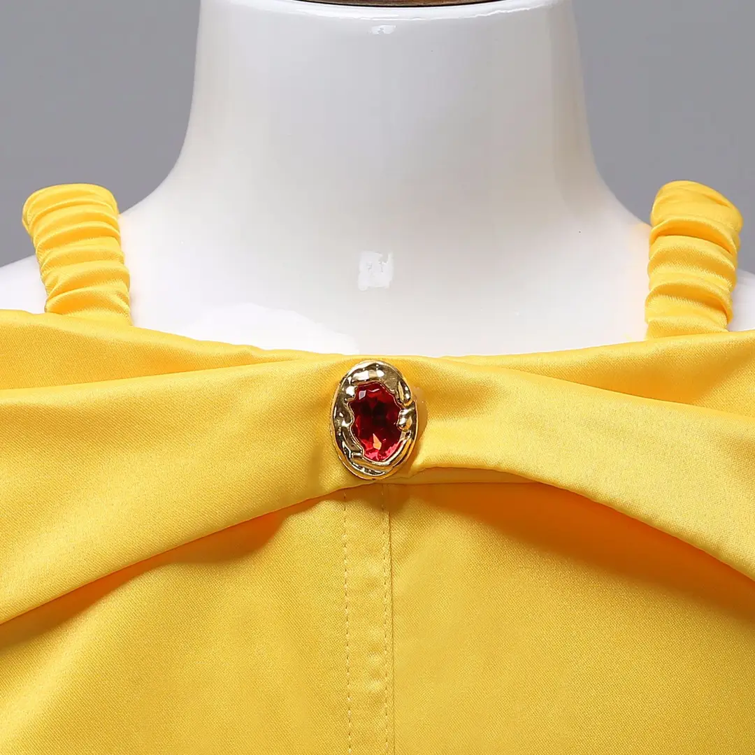 Yellow Princess Dress for Girls with Ruffled Skirt & Gemstone Clasp