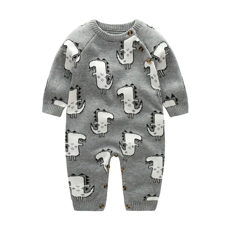 Baby Dinosaur Knitted Jumpsuit Gray Cotton